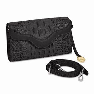 Black Leather Croc RFID Blocking Zip-Top with Magnetic Flap Clutch purse handbag